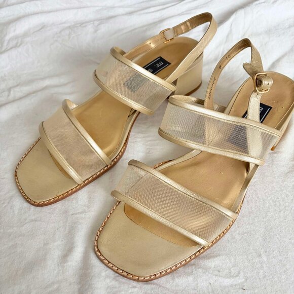 Mr. Seymour Shoes - Mr Seymour Vintage 70s 80s Gold Mesh Slingback Sandal Size 10 Block Heel Leather